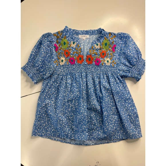 THML Tops - THML Blue Floral Embroidered V-Neck Blouse Puff Sleeve Top Small